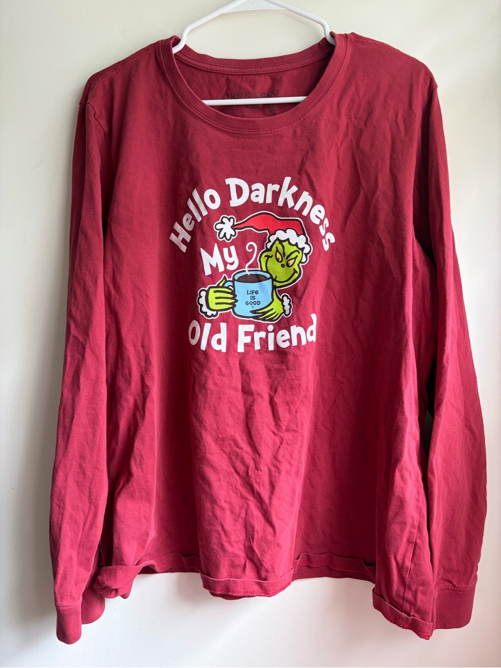 Life Is Good Grinch Red Hello Darkness Coffee Long Sleeve Shirt Crusher XXL